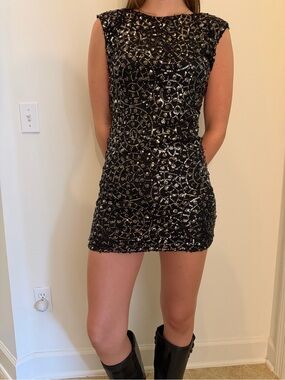 Black Beaded Sequin Keyhole-Back Mini Dress